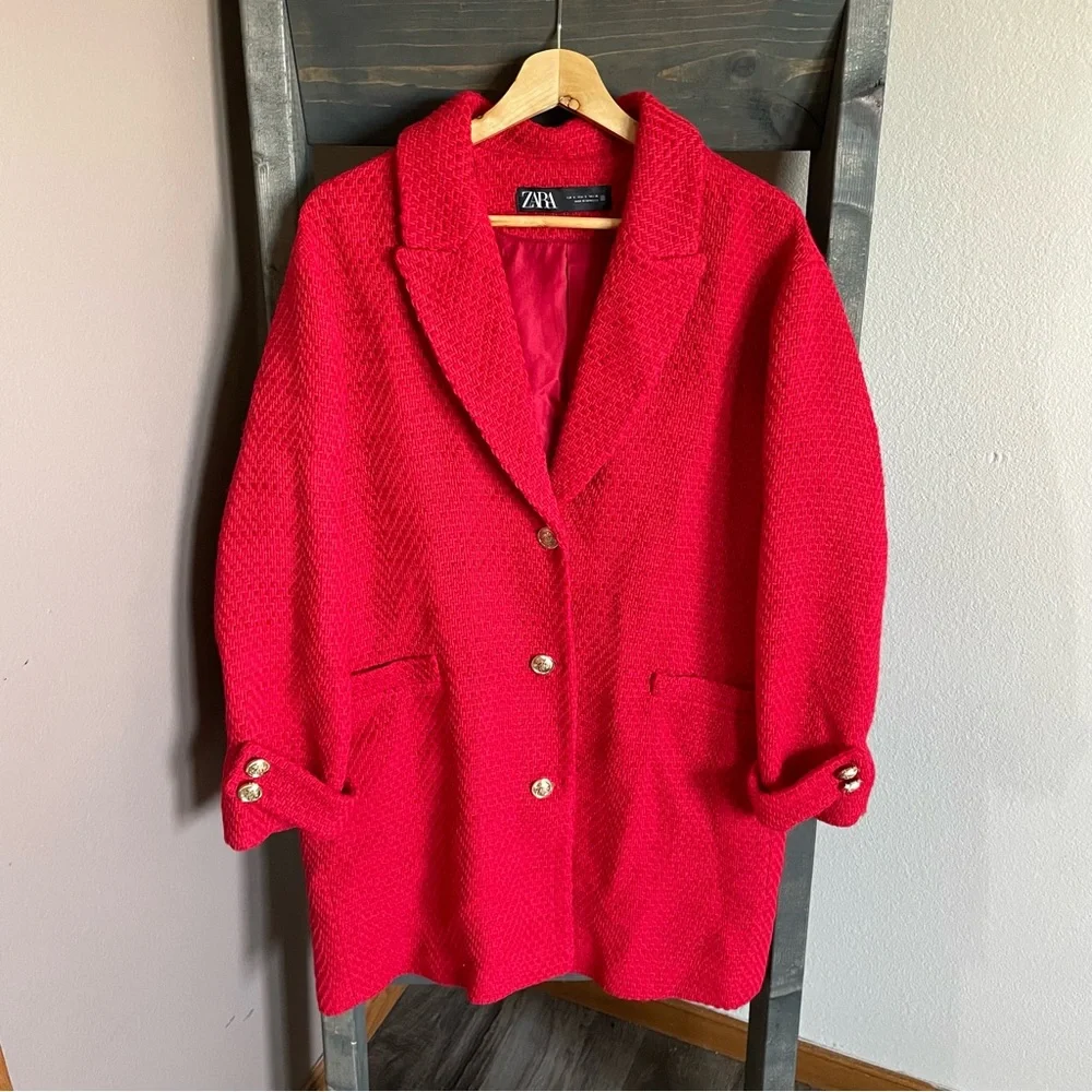 Zara Textured Tweed Coat Gold Buttons Oversized Jacket Red BLOGGER FAVORITE